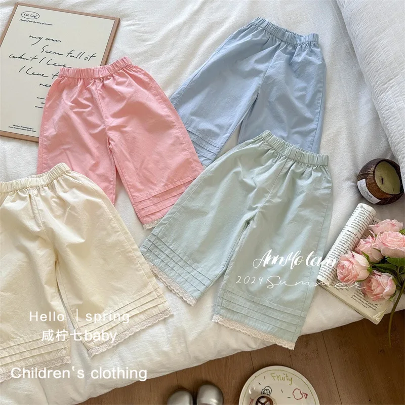 Girl Pant Girls Summer New Children Lace Folding Casual Pants Korean Style Fashion Color Thin Fashion Seven-point Cotton Pants