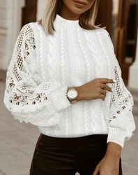 2023 Autumn Winter Spring New Fashion Casual Crochet Lace Lantern Sleeve Knit Sweater Female Clothing T-Shirts Pullover Tops