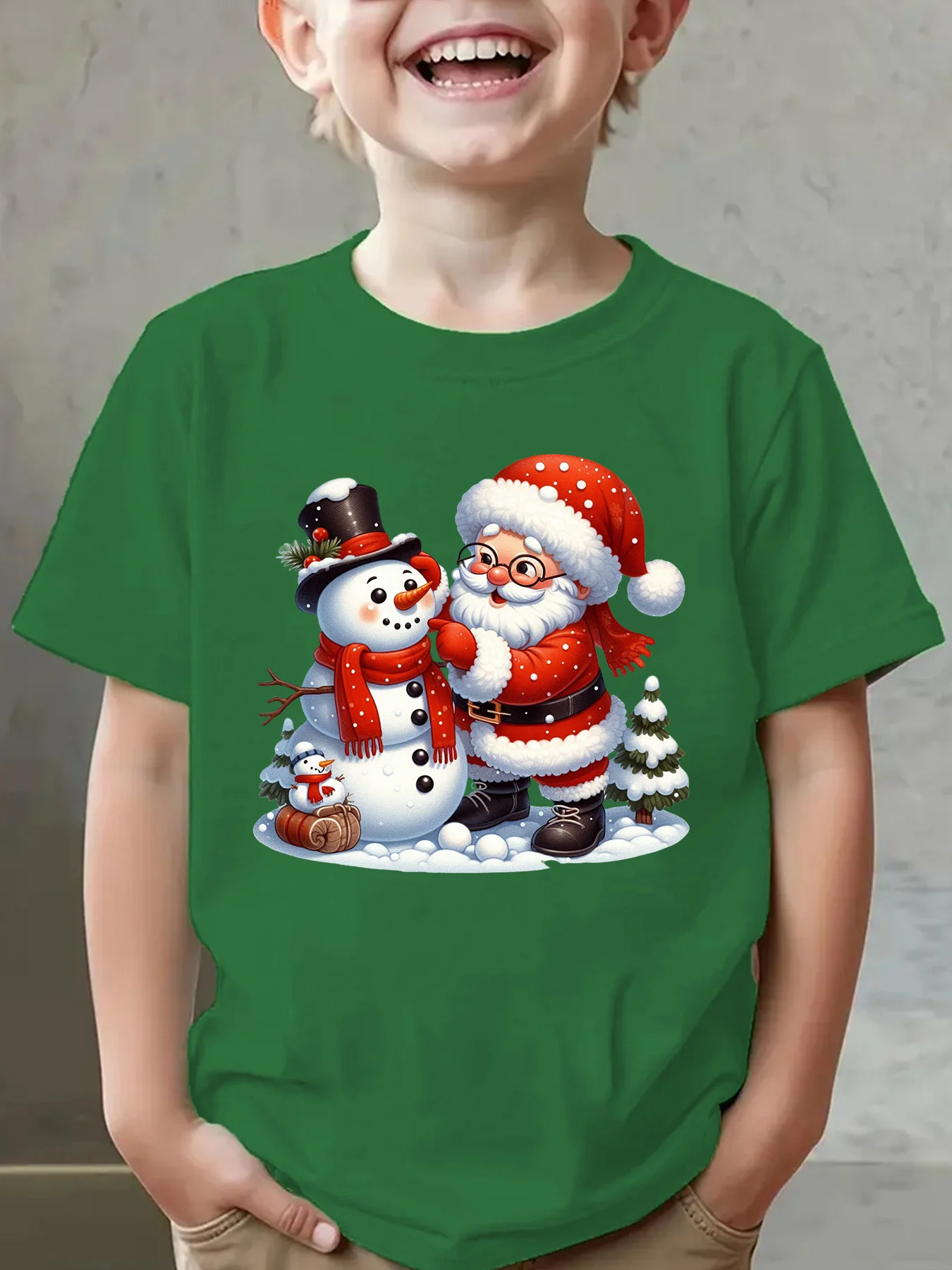 Christmas Summer Children's Fashion T-shirt Dress Up Snowman Santa Claus Cartoon Pattern Printed Outdoor Casual Parent Child Top