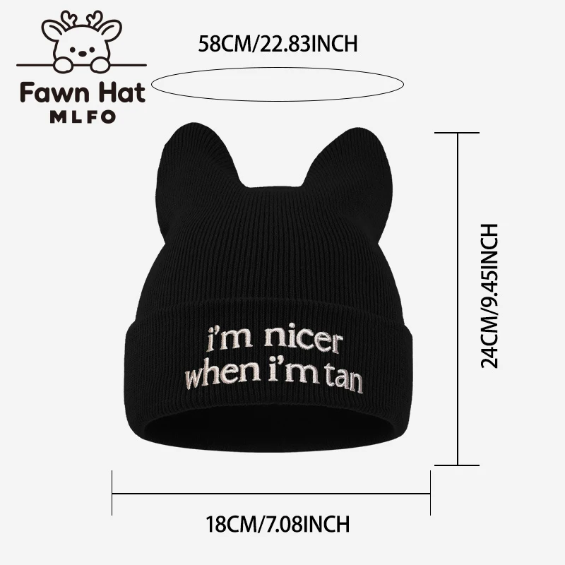 Trendy Adult Cat Ear Knit Beanie, Humorous Text Embroidery, Suitable for Street Style Party Weekend Casual Holiday Meetup