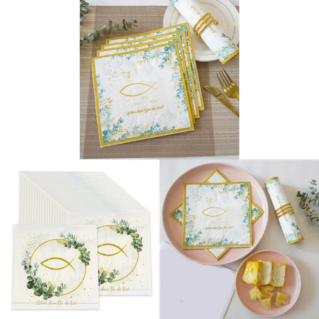 97QD 20 Servilleras bautismales blancas Patrón ornamental pescado y plateado para sacramentos