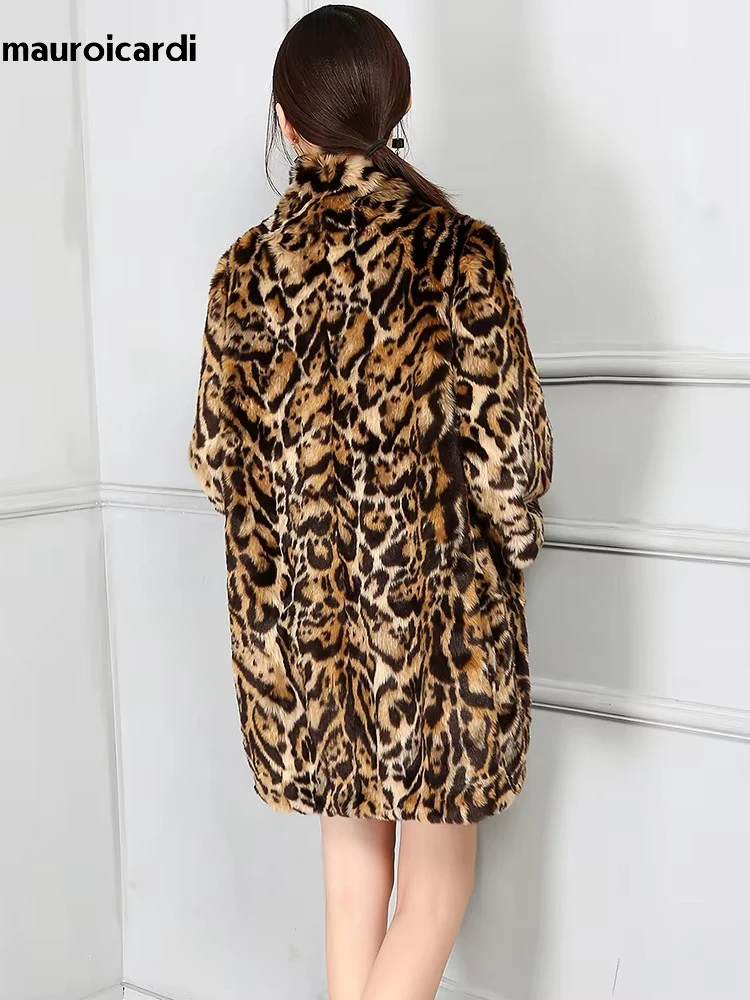 Mauroicardi Spring Autumn Winter Warm Thick Luxury Colorful Leopard Print Faux Fur Coat Women with 3/4 Sleeve Fluffy Jacket 2025