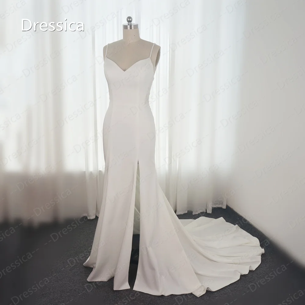 Cinta de espaguete bainha crepe vestido de casamento com perna splt na saia elegante simples vestido de noiva 2023 nova tendência