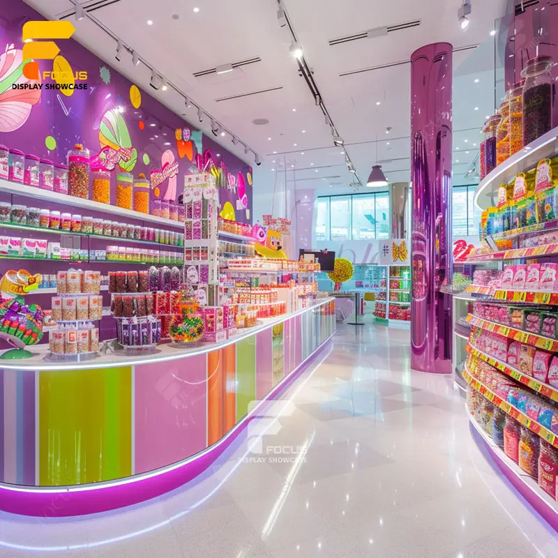 Customized-Retail Sweet Shop 3D Design Modern Cabinet Candy Wall Display Chocolate Fixture Stands