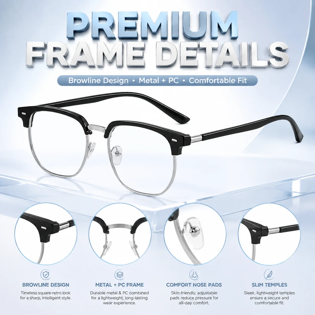 New Vintage Browline Unisex Photochromic Glasses UV400 Blue Light Blocking Eyewear 16g Lightweight Metal Frame Travel Daily Wear