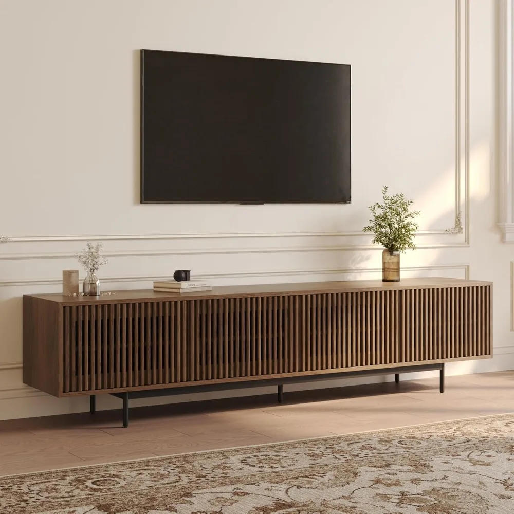 

Mid-Century Modern TV Stand with Slatted Doors, Fully Assembled Wood Media Console, TV Console with Tall-cast Metal Legs
