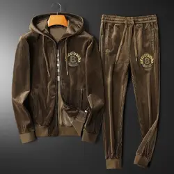 Men's Trend Gold Velvet Fashion Suit Hooded Thickened Casual Autumn and Winter New Plus Size Sportswear Two-Piece Set