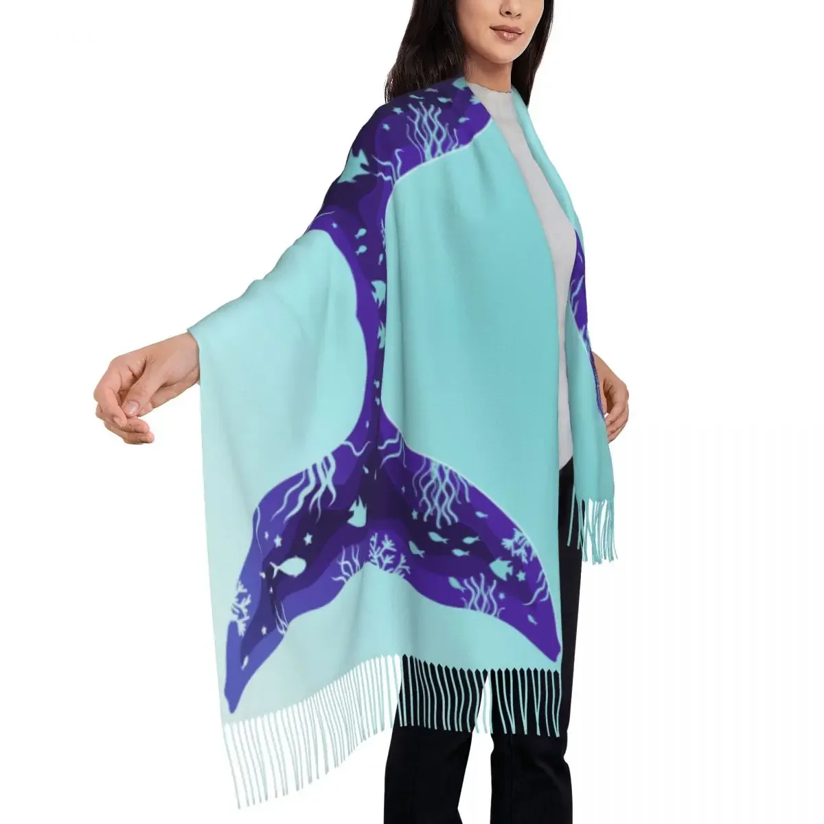 Personalized Printed Creative Whale Tail Long Pile Fringe Men Scarf Women'S Anti Chill 