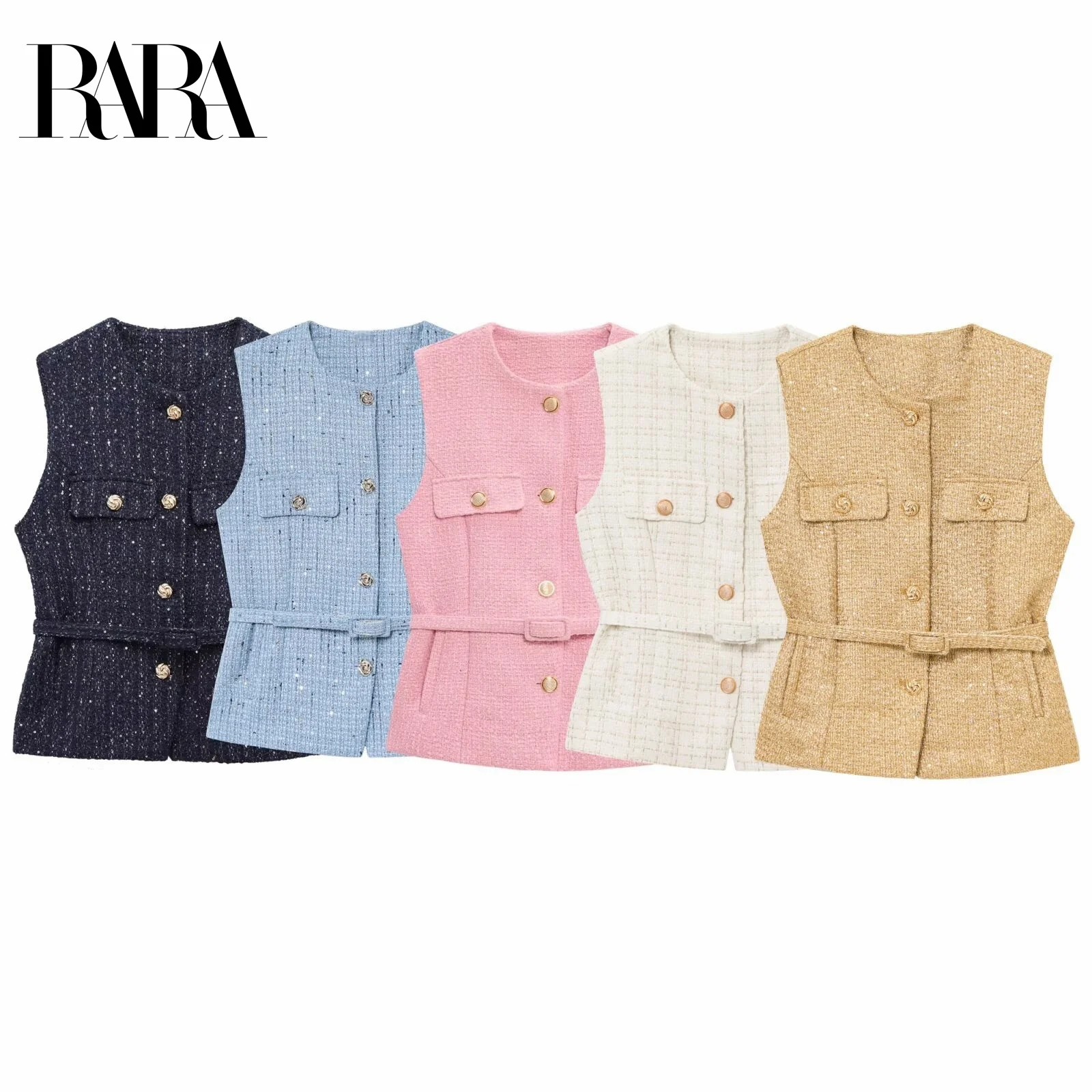 

RARA 2025 женский твидовый укороченный топ без рукавов с круглым вырезом и пуговицами спереди с поясом и карманами для повседневного ношения и прогулок