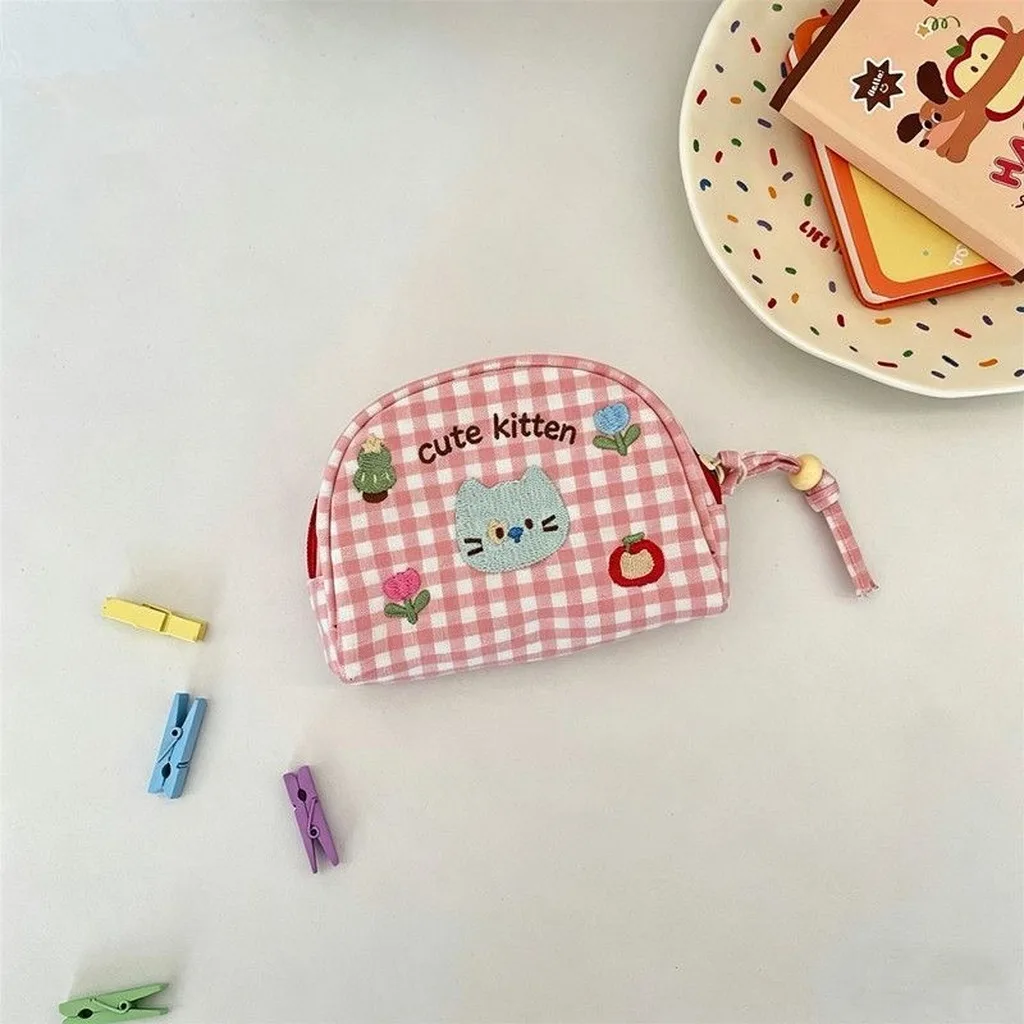 Embroidered Cosmetic Bag  Shape Cosmetic Bag Checkered Corduroy Pouch Cute Cotton Cosmetic Bag For Small Personal Item