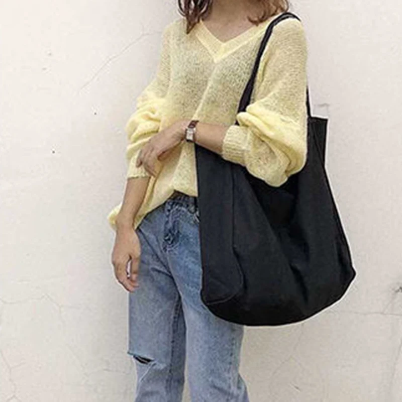 Large Capacity Canvas Fashion Shoulder Bag New Solid Color Top-handle Casual Tote Bag