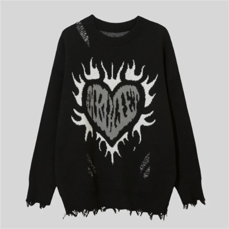 Retro Torn Sweater Halloween Fire Heart Grunge Hole Knit Jumpers Streetwear Hip Hop Harajuku Men Punk Gothic Long Sleeve Sweater