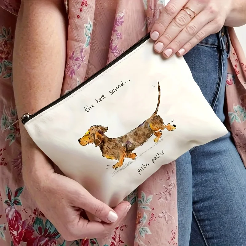 Un sac à cosmétiques à motifs de teckel de dessin animé-sac de maquillage portable multifonctionnel de grande capacité, pochette de voyage parfaite à fermeture éclair