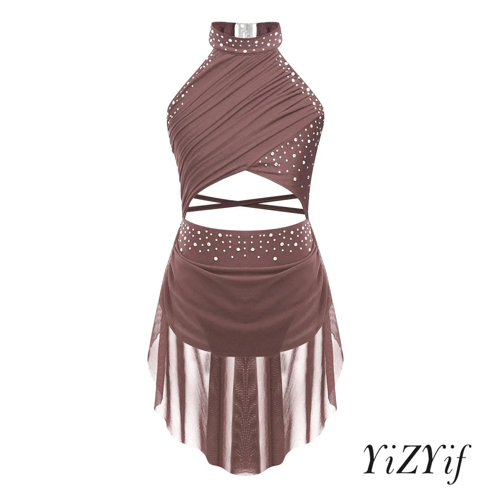 

Kids Girls Ballet Latin Dance Dress Glittery Rhinestone Cutout Strappy Backless Lyrical Dress for Stage Modern Ballroom Dance