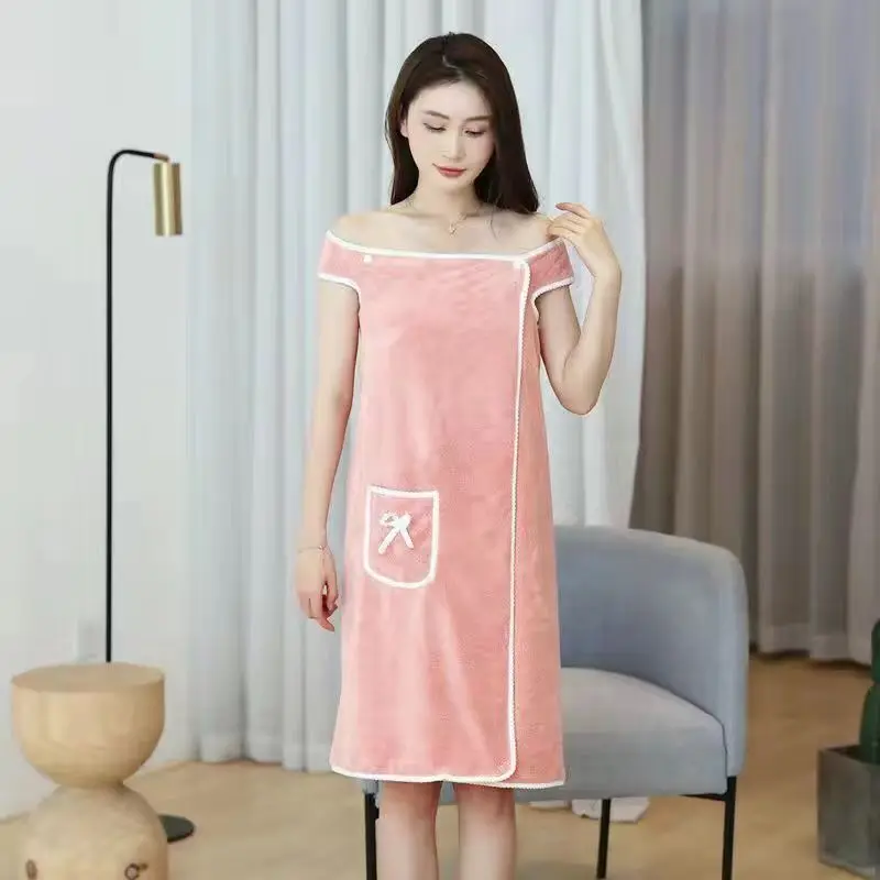 WoWearable Bath Towel for Women Thickened Wearable Bath Towel with Bow-knot Detail Functional Pockets Adjustable Strap Design