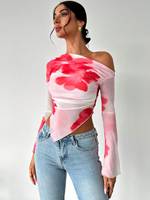 Sweet Spice Personality Style Mesh Print Diagonal Shoulder Long Sleeve Top Irregular Off-the-shoulder Short Top for Women