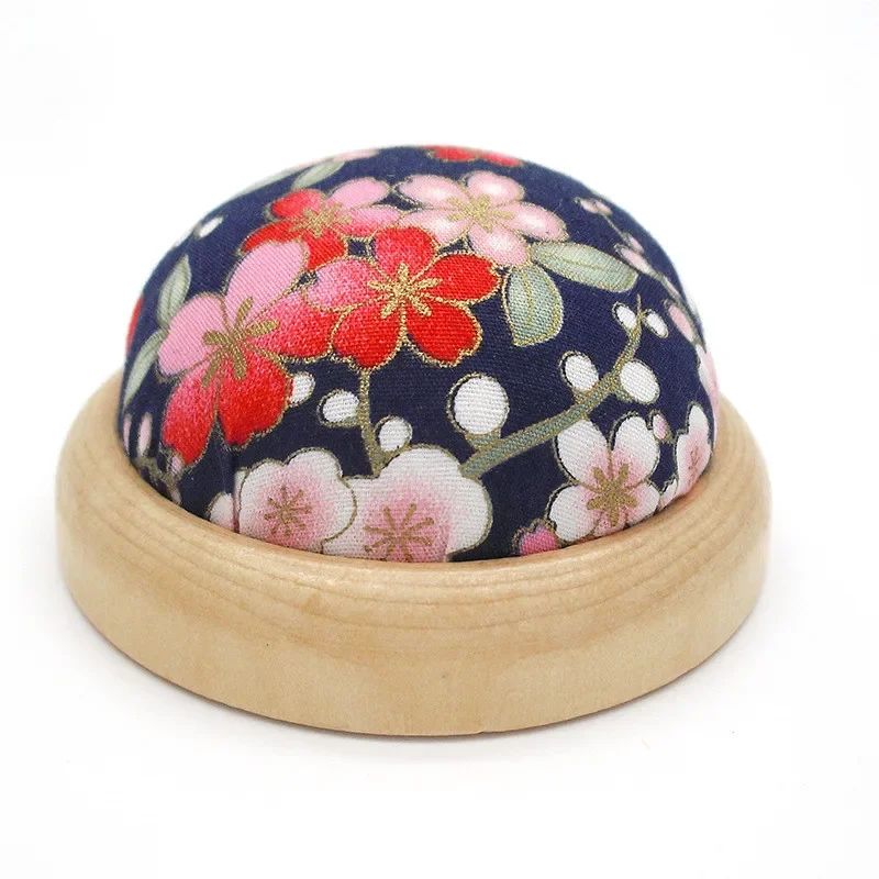 Vintage Flower Print Pincushions Half Ball Shaped Pin Cushion Wood Base Sewing Needle Cushion Polyester Home Knitting Pin Holder