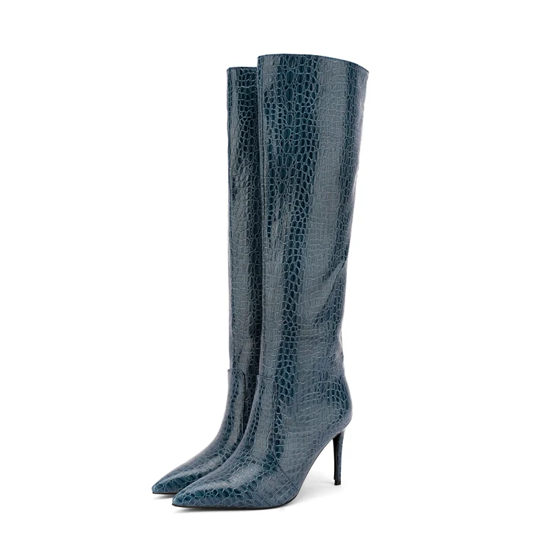 Stivali alti al ginocchio con motivo a pietra lucida blu scuro donna 8.5-9.5Cm tacco alto punta a punta stivali Mordern stivali corti invernali in