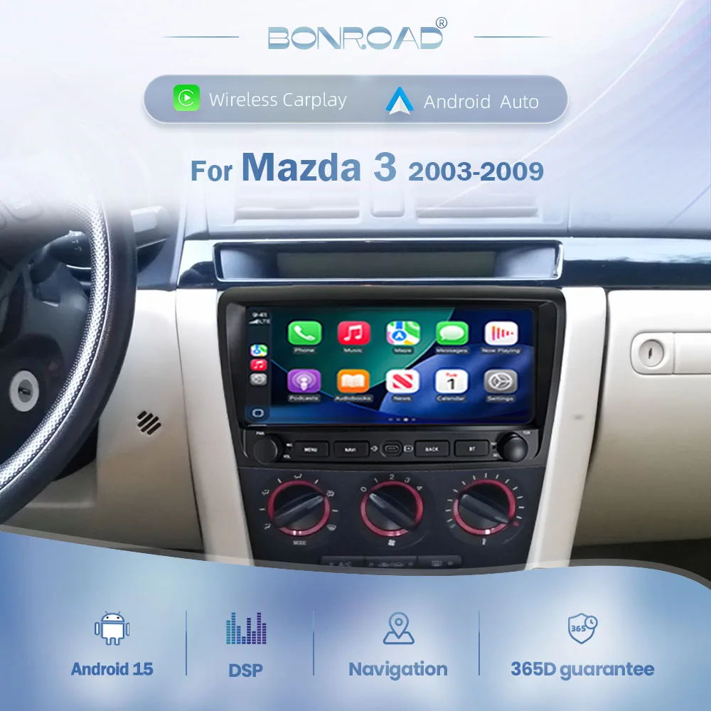 Autoradio Android 15 BONROAD 10,26'' pour Mazda 3 I BK 2003-2009, système intelligent pour voiture, Carplay sans fil, Android Auto, RDS, navigation GPS, DSP, AutoLink, Airplay, 2 din