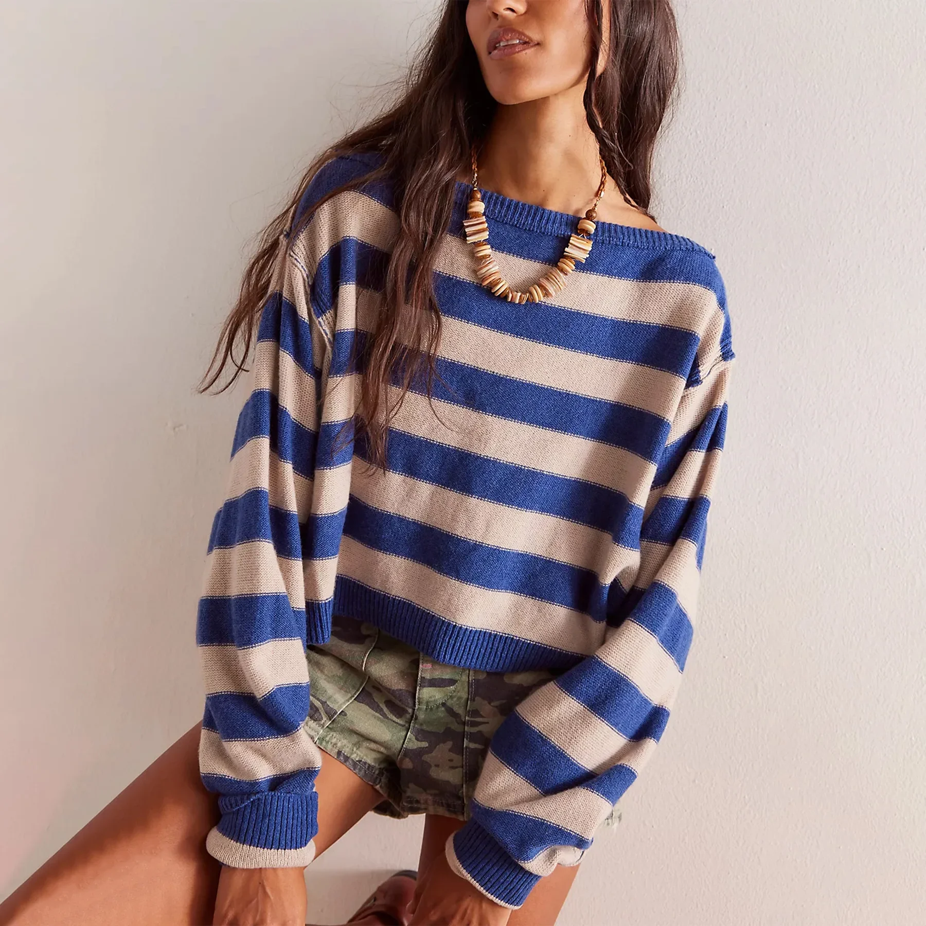 Women's Autumn and Winter New Striped Pullover Sweater, Europe and America Loose Spell Color Flared Sleeve Knitted Sweater Y2k