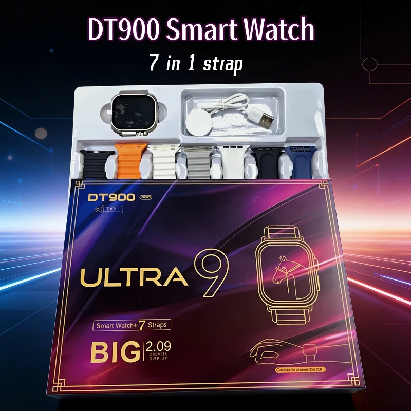 Reloj inteligente 7 en 1 DT900 con correa, compatible con música, carga inalámbrica, llamadas Bluetooth, salud y fitness, reloj deportivo para hombres y mujeres.