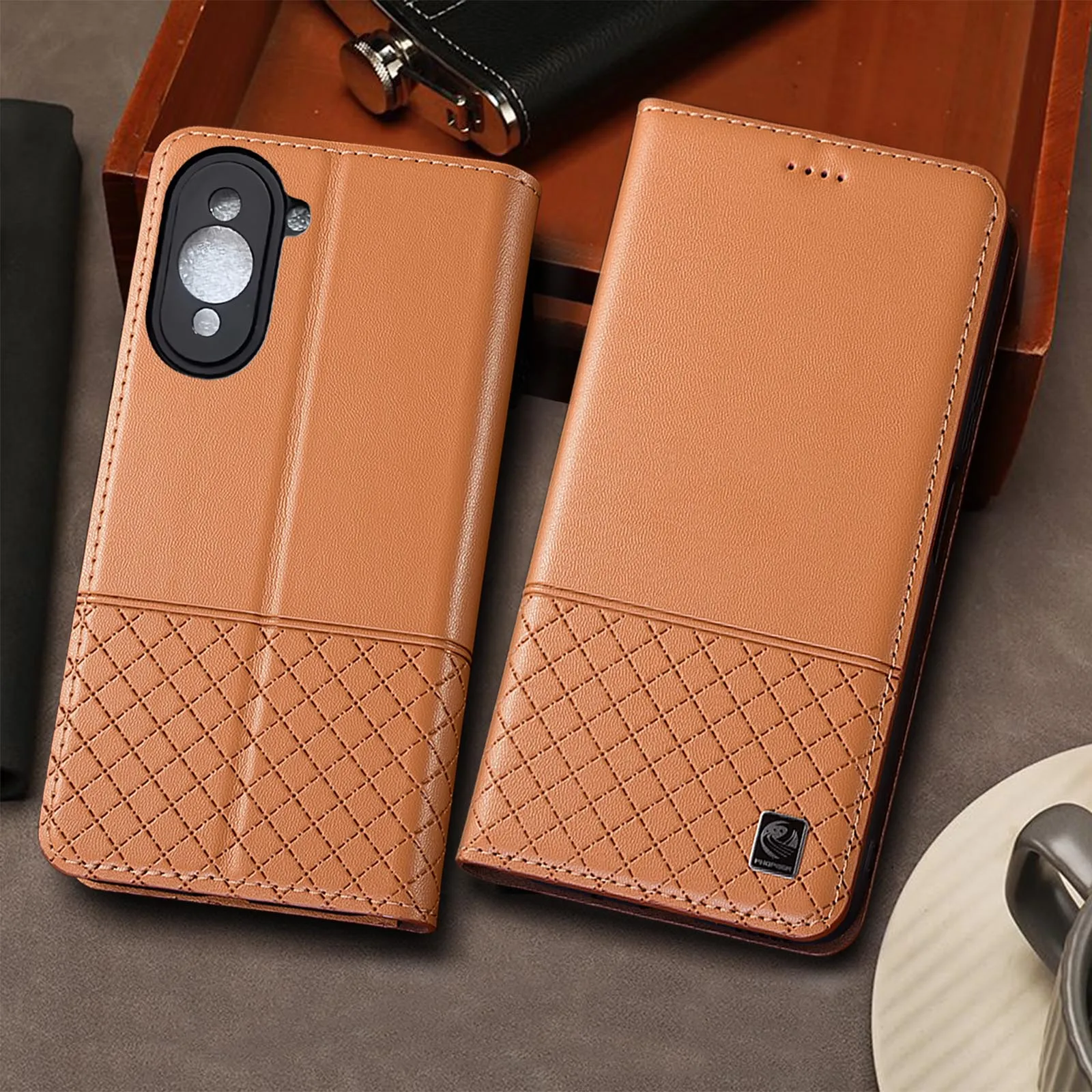 

For Huawei Nova 7 8 9 10 11 11i 12 12S 12i 13 13i 14 Pro Ultra SE Napa Below Grid Pattern Genuine Leather Flip Phone Cover Case