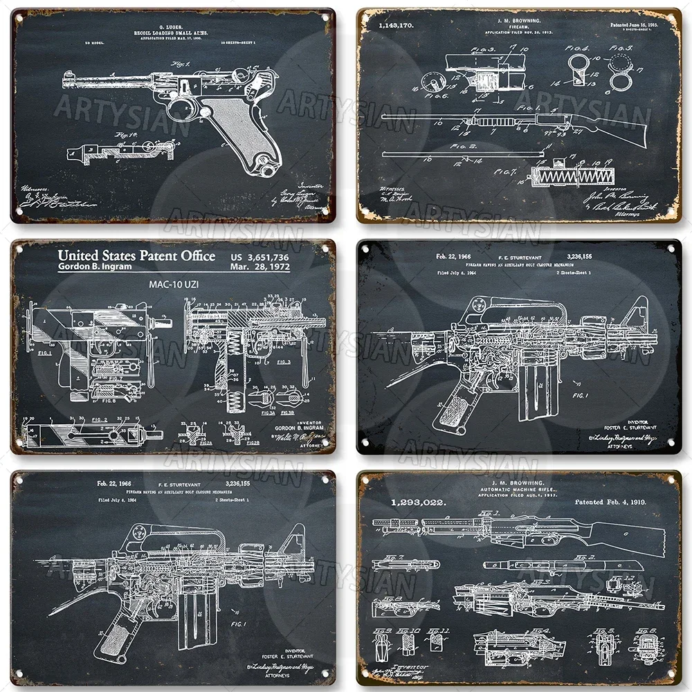 Patent Matal Sign MAC-10 UZI Submachine Gun Thompson M16 Rifle Winchester Machine Gun Luger Pistol Bailey Soderberg Missile Silo