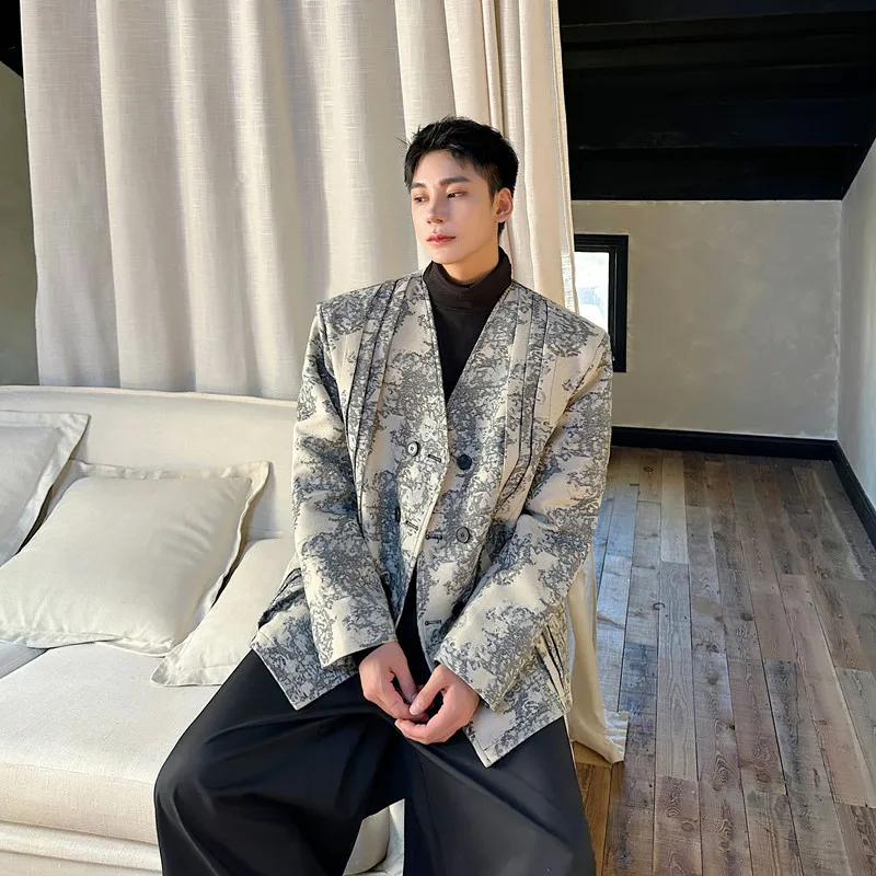 

Autumn Faion Print Men's Suit Jaet Korean Sle V-Ne Casual Long Sve irt without Collar Small ence Design Sense