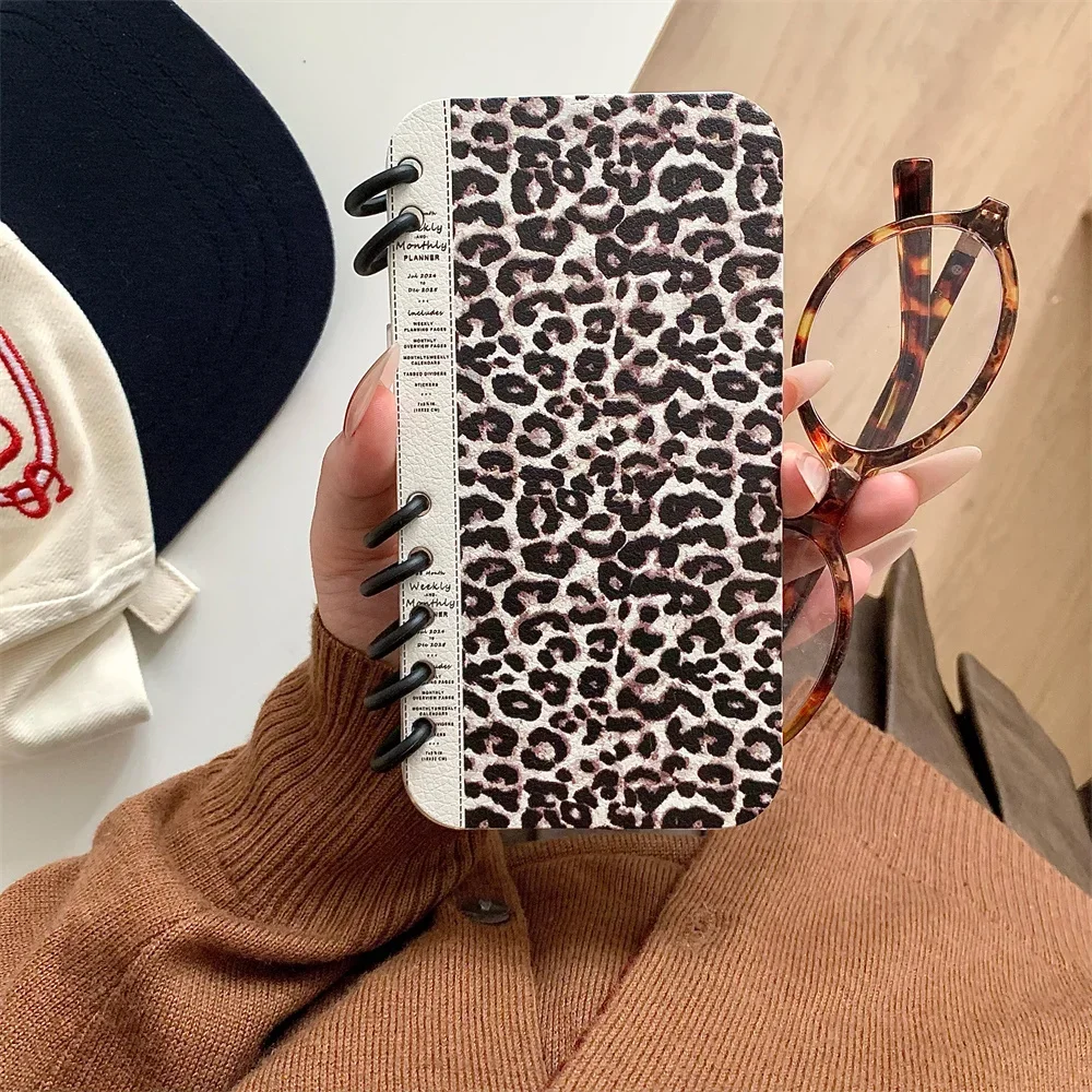 Cute Leopard Pattern Spiral Notebook Style Flip Phone Case for iPhone 16 Pro Max 15 14 13 Crad Slot Holder Stand Leather Cover