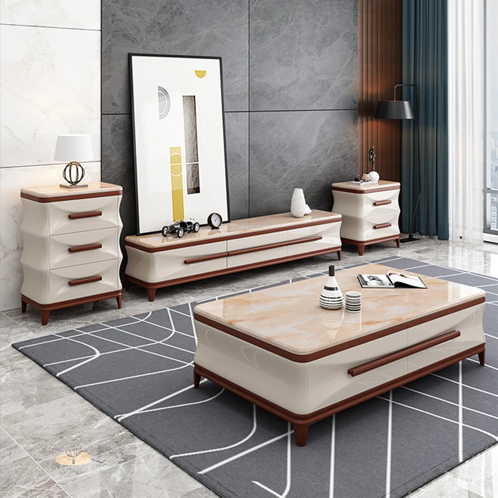 MANBAS Modern Luxury Living Room Furniture Set - Coffee Table, TV Stand, and Side Cabinets with Marble Finish and Wooden Accents