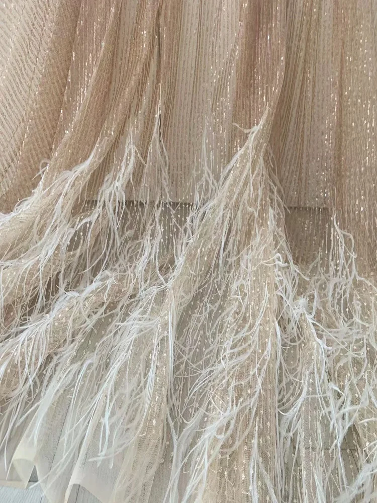 Deluxe1 Yard Rose Gold Plumes Fringe Tulle Lace Fabric with Sparkling Sequined Mest for Bridal Decor,Couture Dress Accessories