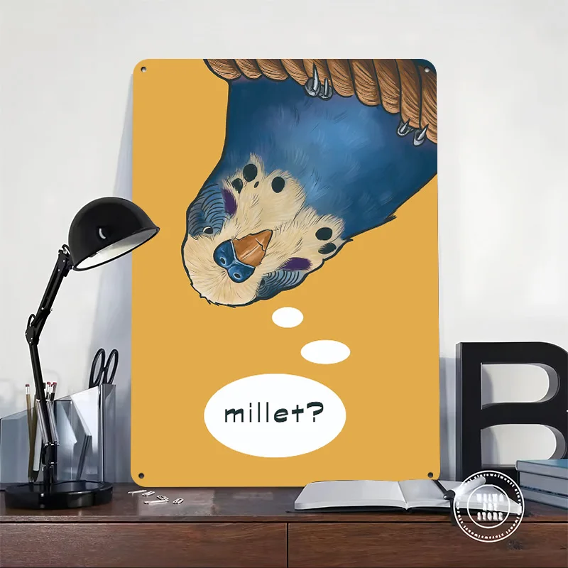 Parakeet Thinking About Millet 3D Texture Metal Poster Customized Wall Art Tin Sign Gift for Mancave Home Decor Living Room Desk