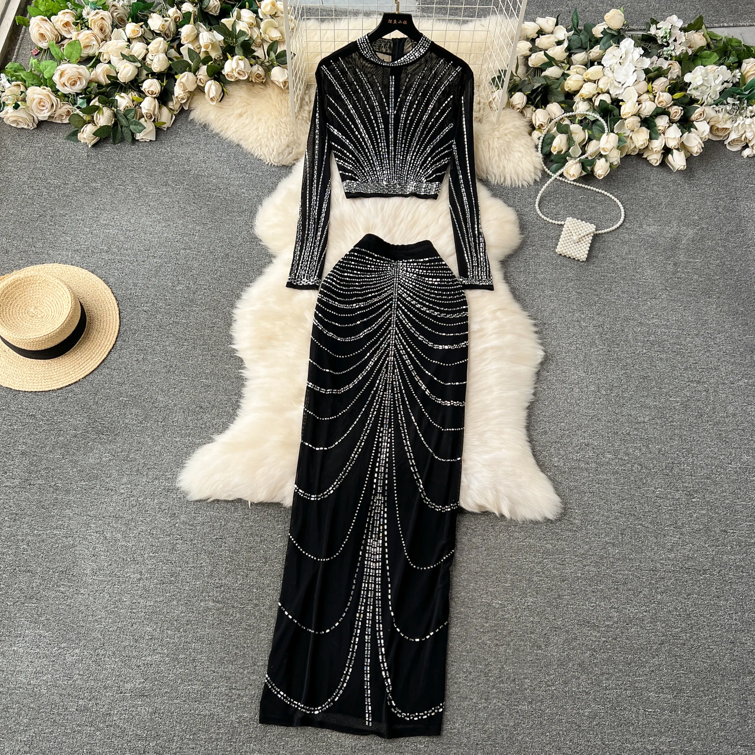 

Elegant long sleeve see through mesh Dress Party Club Dress Korean Fashion Women Clothes Two Piece Set