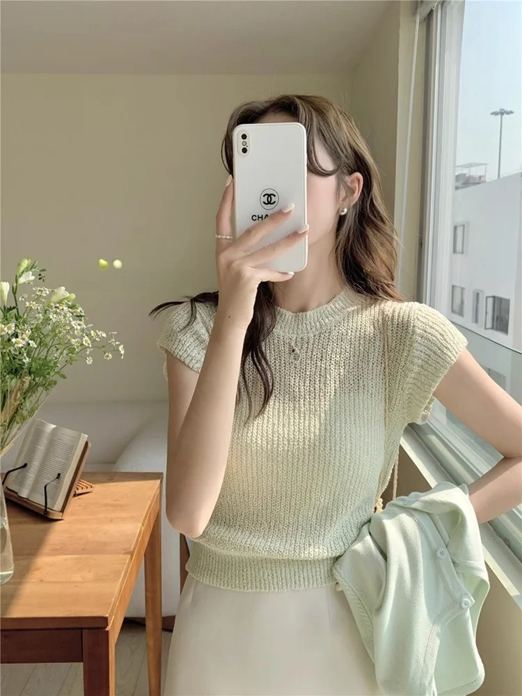 

Eeni Hollow out Ice Silk Трикотажная футболка ort Sve Женская летняя нежная тонкая футболка маленького размера в Корейском стиле Slim Fit