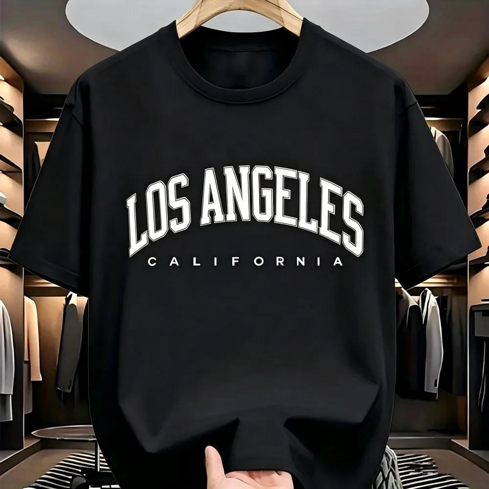 American men's summer training Los Angeles letter print micro elastic breathable round neck T-shirt outdoor casual sports top