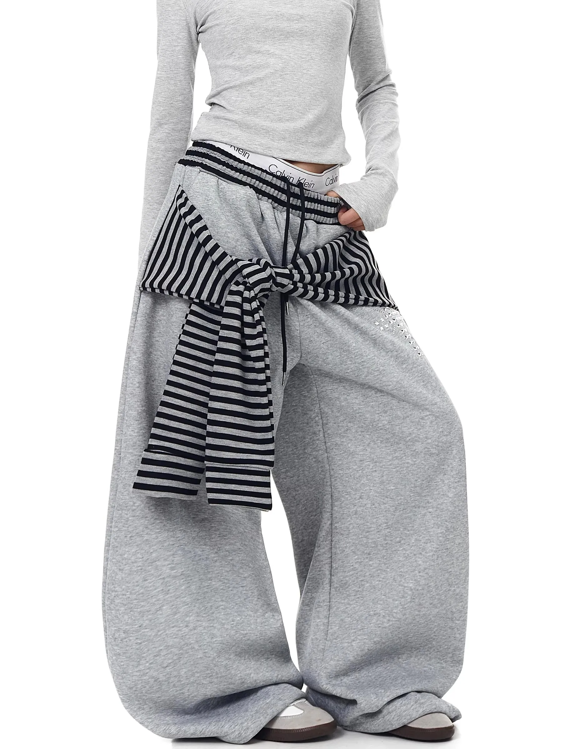 Retro American Striped Waist Tie Patchwork Rhinestone Wide Leg Pants Women's Spring Autumn New Trendy Jazz Dance Casual Pants