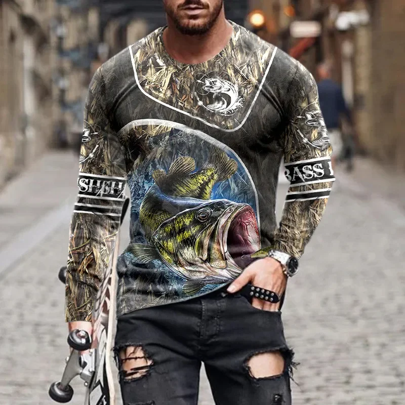 

Fishing 3D Fashion Men's T-Shirts Long Sleeve Autumn 3D Printed Street Big Size Tops Loose Casual Round-Neck Oversized Tees 6XL