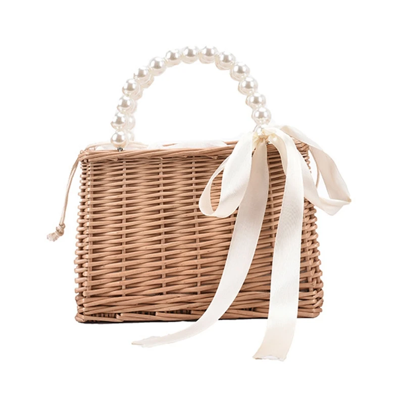 

Pearl Handle Design Beach Weave Handbag Summer Quality Rattan Handmade Tote Straw Women's Travel Shoulder