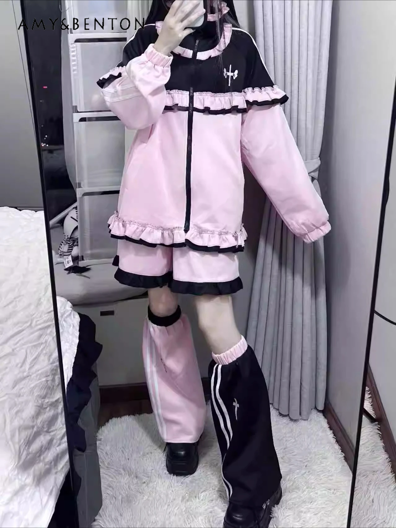 

Mine Series Mass-Produced Water Color System Lolita Set Japanese Sweet Ruffled Stand Collar Zipper Jacket Casual Long Pants