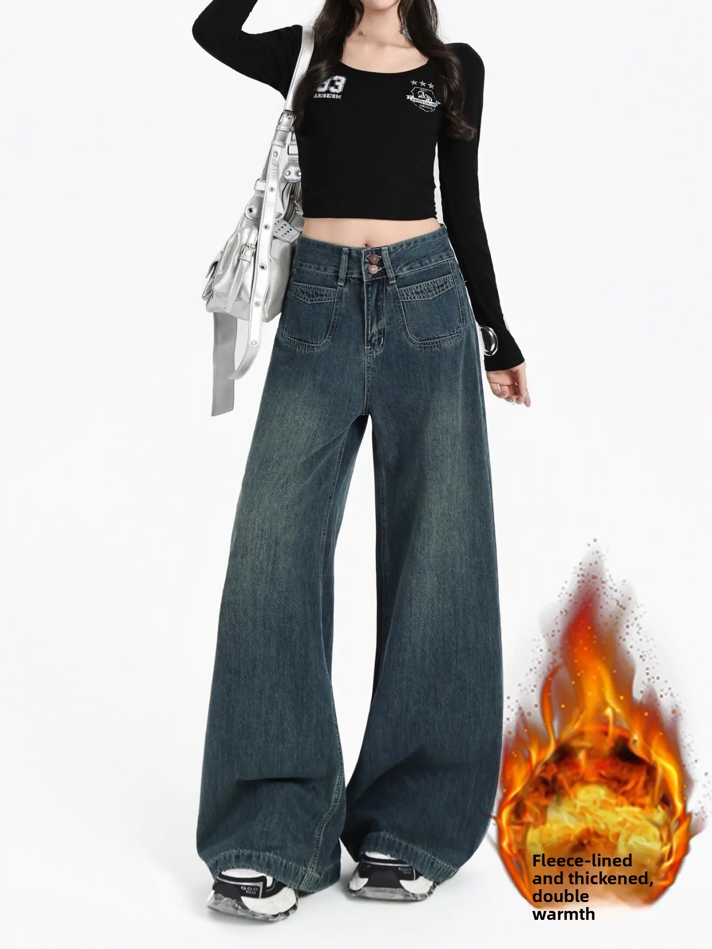 

Прямые джинсы больших размеров с подкладкой Fce, женские осенне-зимние свободные брюки с высокой талией, утягивающие широкие брюки, повседневная одежда