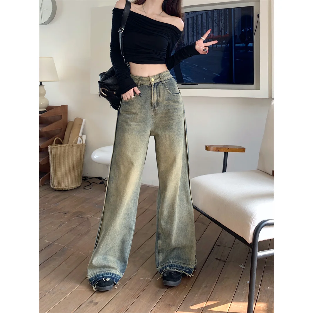 American Retro Wide-leg Jeans Women's Autumn and Winter High Waist Design with Rough Edges Mopping The Floor Pants