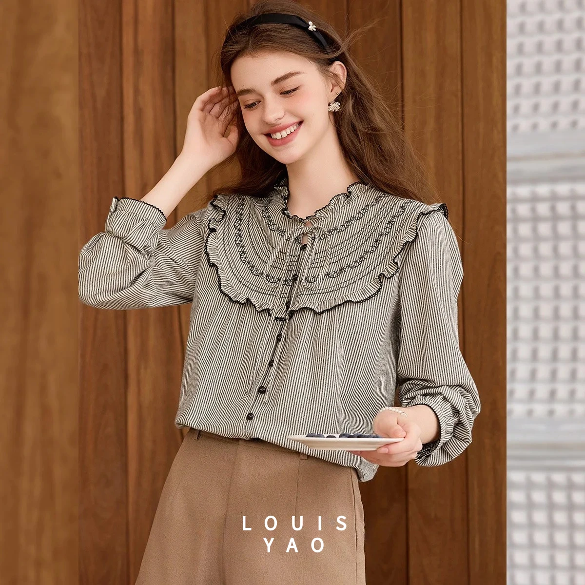 

LOUISYAO Lace-up Striped Women Shirt 2025 Autumn Ruched Single-button Tops Long-sleeved Blouses Women's Clothing Chic Wear