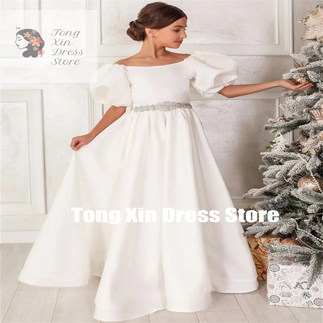 Customized Flower Girl Dresses White Satin Diamond Beltl With Bow Short Sleeves For Wedding Pageant Party Princess Gowns