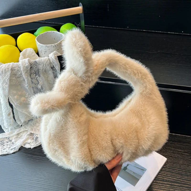

Cute Bunny-shaped Plush Bag Women Faux Fur Top-handle Shoulder Bag Creative Animal Design Plush Dumpling Bag Pleated Coin Purse