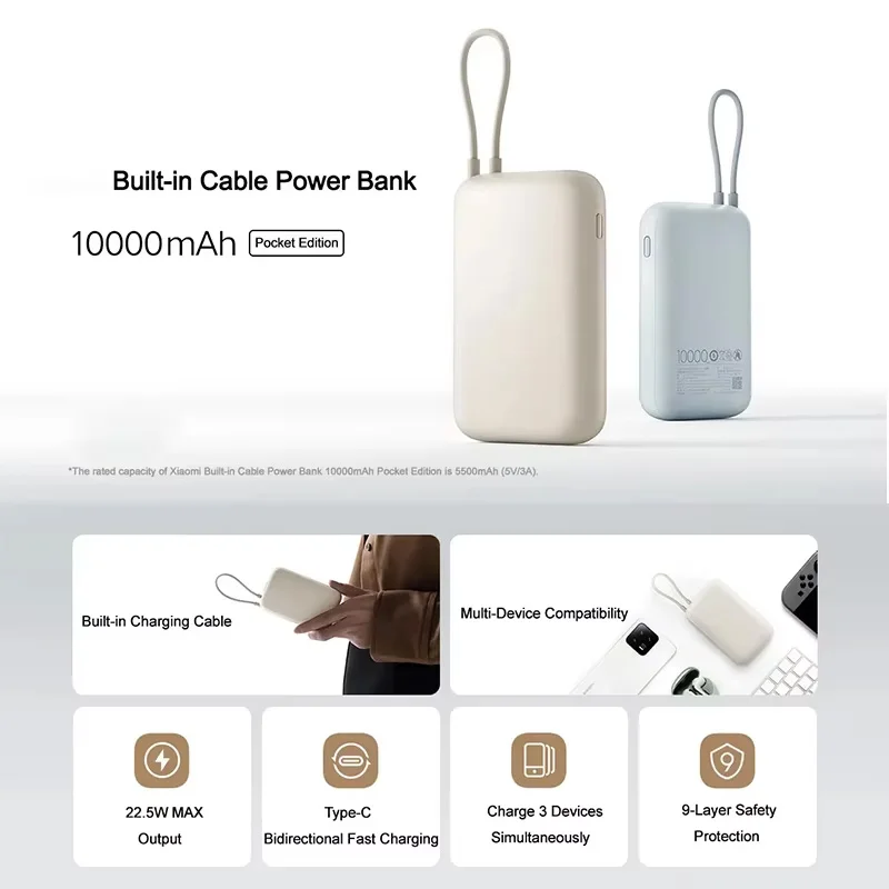 10000mAh Power Bank Super Fast Charging 22.5W With Built-in Data Cable Two-way Fast Charging For iPhone Samsung Redmi