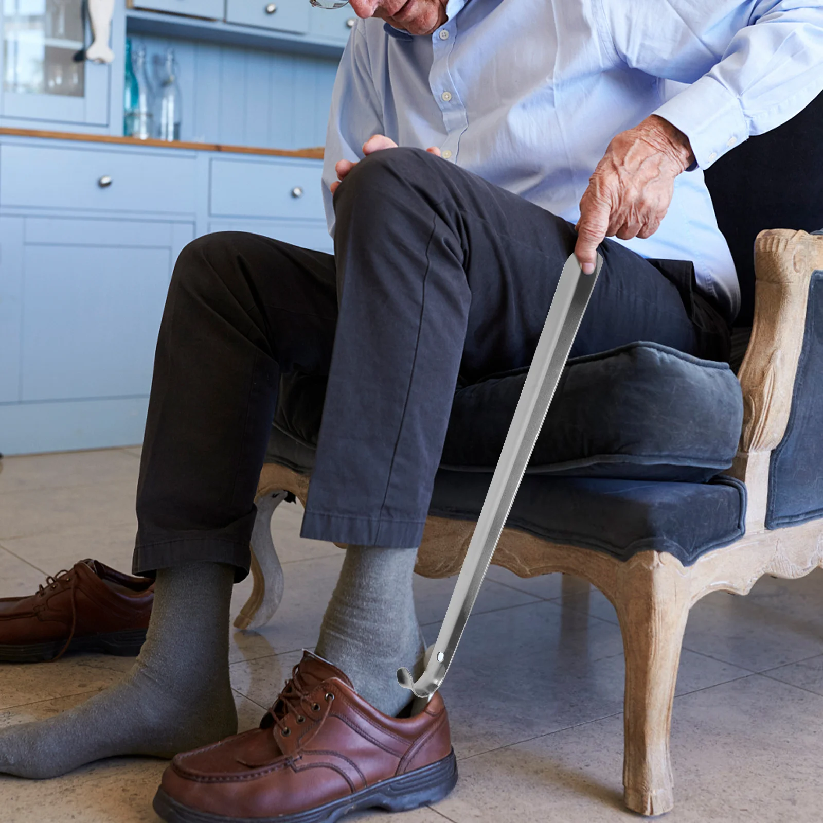 1 مجموعة الفولاذ المقاوم للصدأ القرن مجموعة مقبض طويل رافع الأحذية لكبار السن لا الانحناء مستخرج الأحذية مكافحة الصدأ المعادن لبيسة الحذاء أداة #1