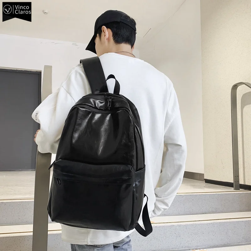 Mochila de couro macio impermeável para homens, Mochila masculina vintage, Minimalismo viagem sólida para estudantes universitários da escola