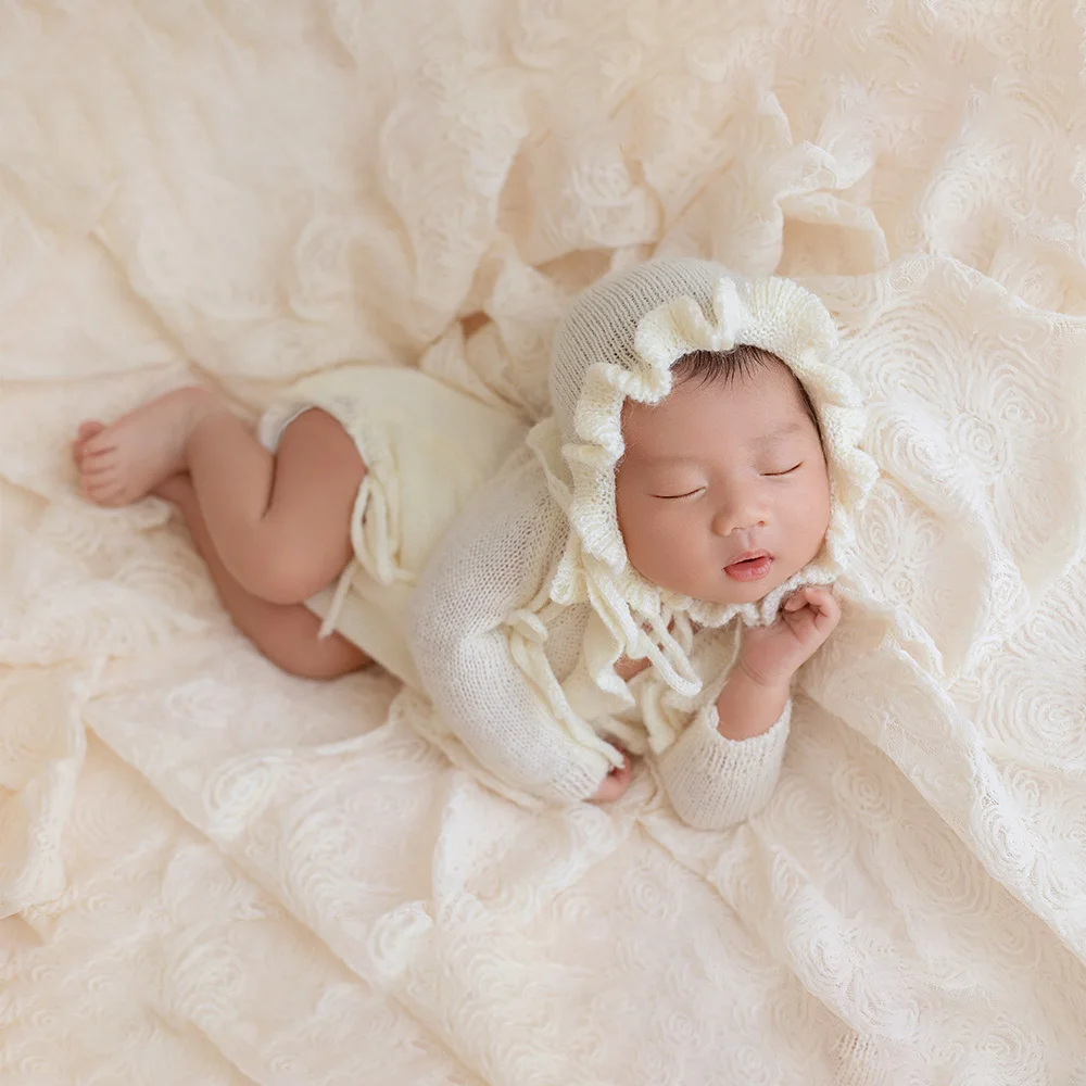 Body de malha de manga comprida para bebê, conjunto de chapéu enrolado de crochê, roupa para fotografia de recém-nascido, flor, fundo de renda, cobertor, adereços de estúdio