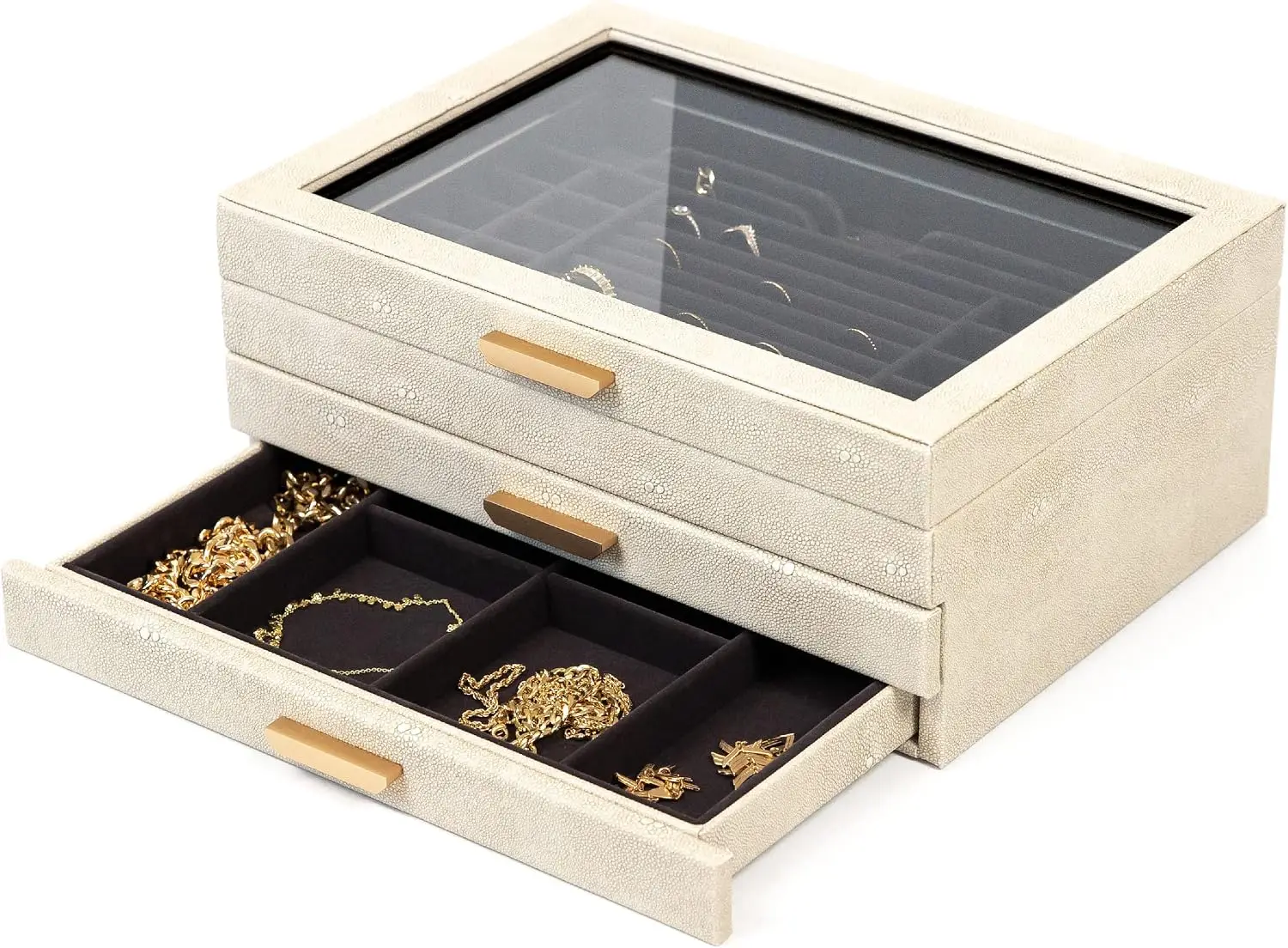 Large 3 Tier Jewelry Box, Storage Case Organizer for Women Girls Wife, Glass Lid for Earrings Bracelets Rings Necklaces, Shagreen Vegan Leather, Velvet Lined Jewelry Box, Brass Hardware