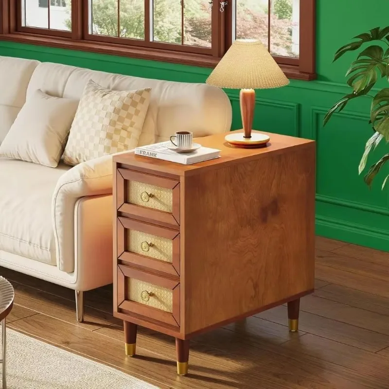 Medieval style three-drawer solid wood side table, narrow cane bedside table, suitable for living room storage